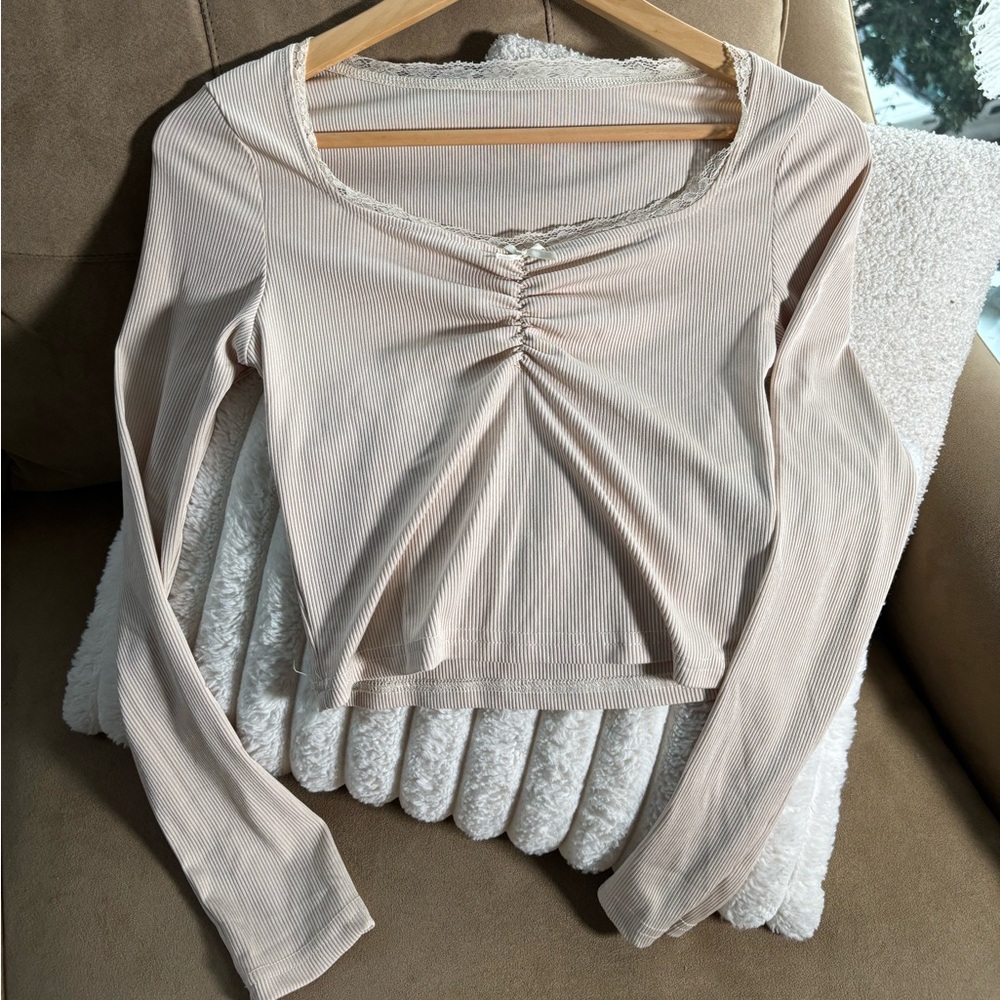 Elegant Cream Long Sleeve Crop Top